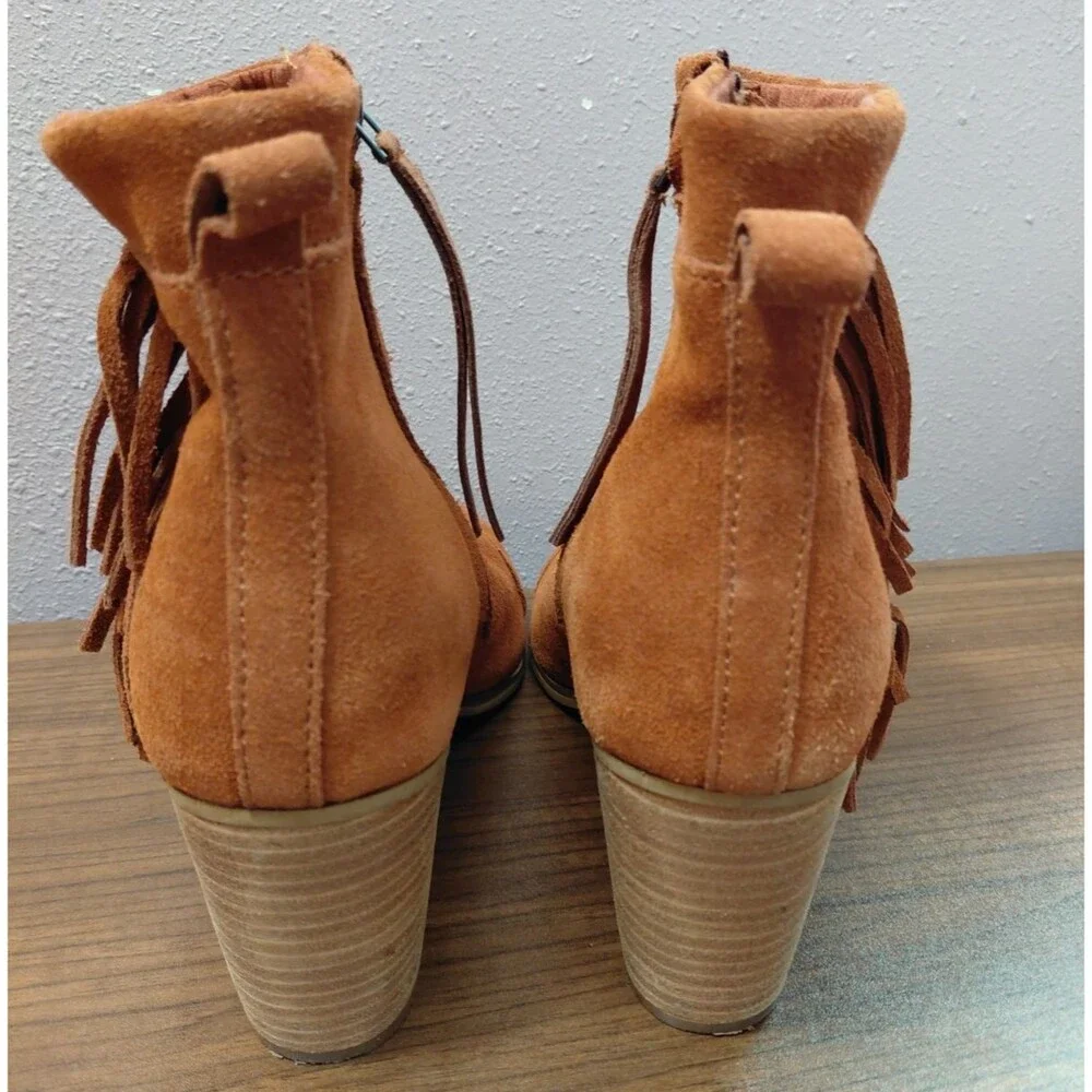 Toms Lunata Booties Ankle Boots Cognac Suede Fringe Women's Size 9.5 Side Zipper - Picture 4 of 10